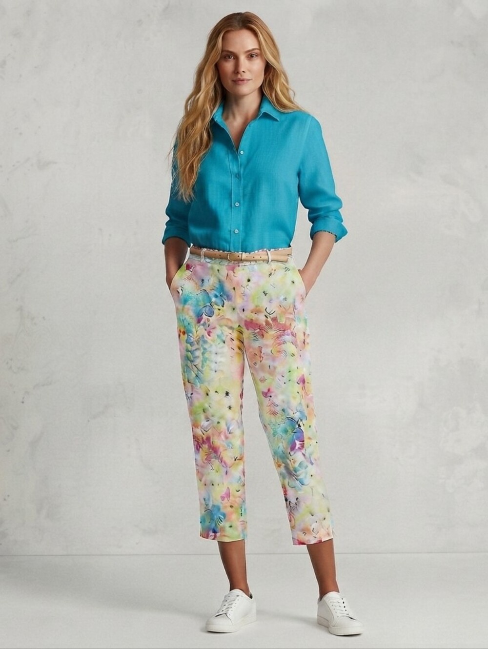 Amorosé Vintage Floral Cropped Pants Capris Pastel Size 12 Stretch Cotton